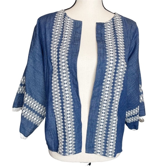 Karen Kane Chambray Embordered 3/4 Sleeve Lightweight Jacket - Picture 1 of 9